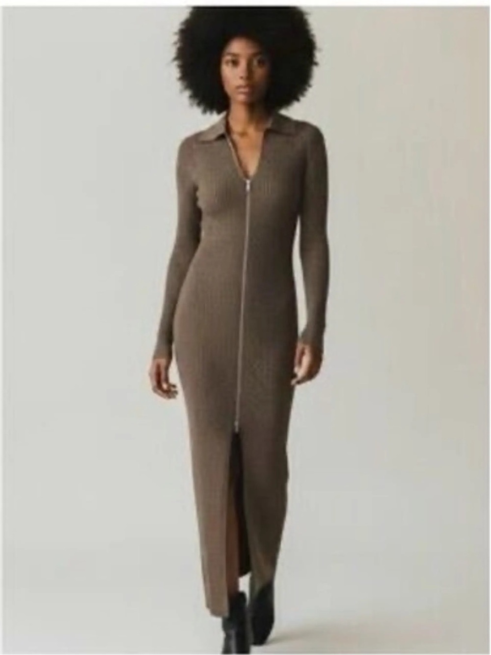 Metallic Silver Ribbed Knit Maxi Dress Cutout Long Sleeve XL